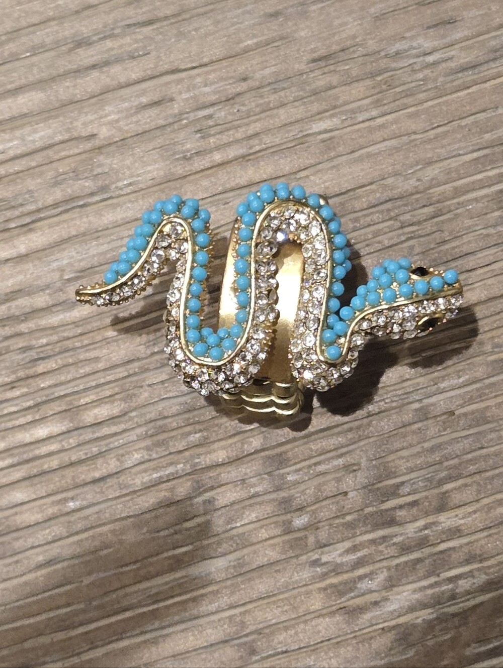 Gold Snake Ring with Turquoise Beads and Silver Rhinestones